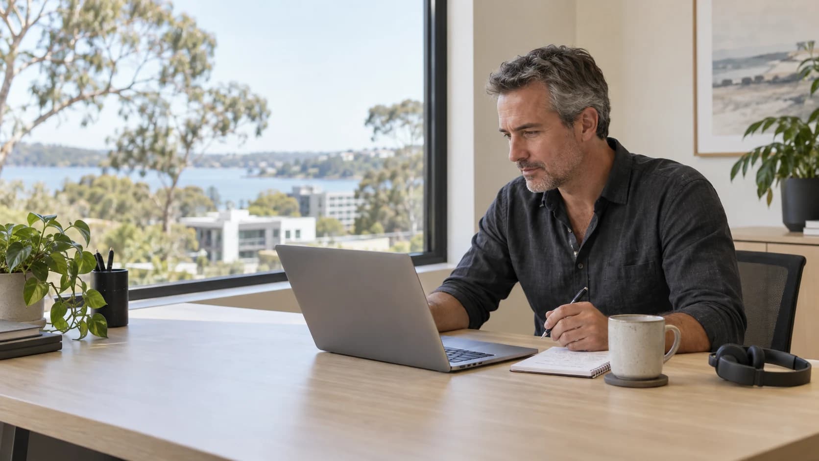 A professional working at a laptop with notes beside him.