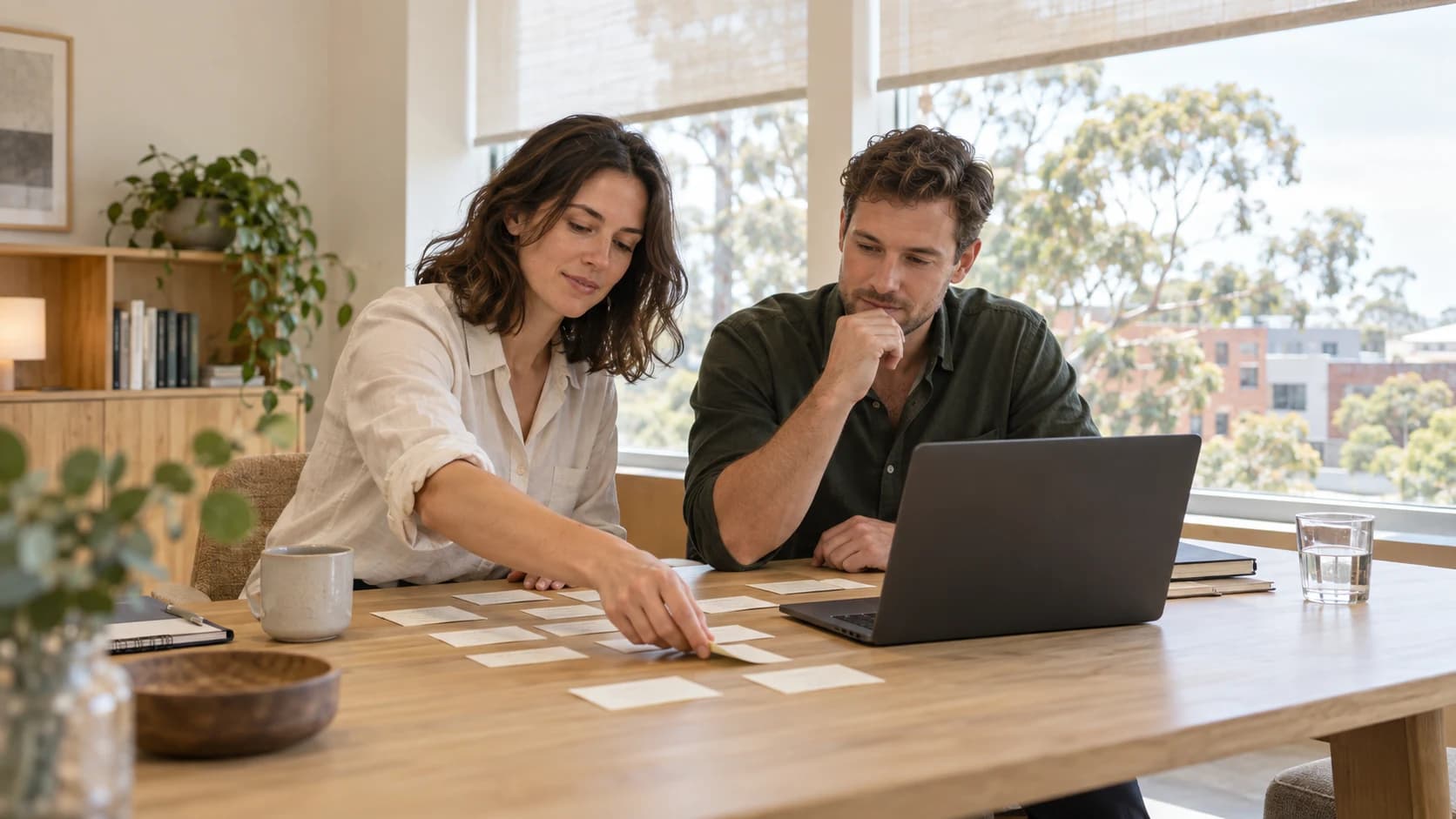 Two colleagues reviewing notes beside a laptop during a planning session.