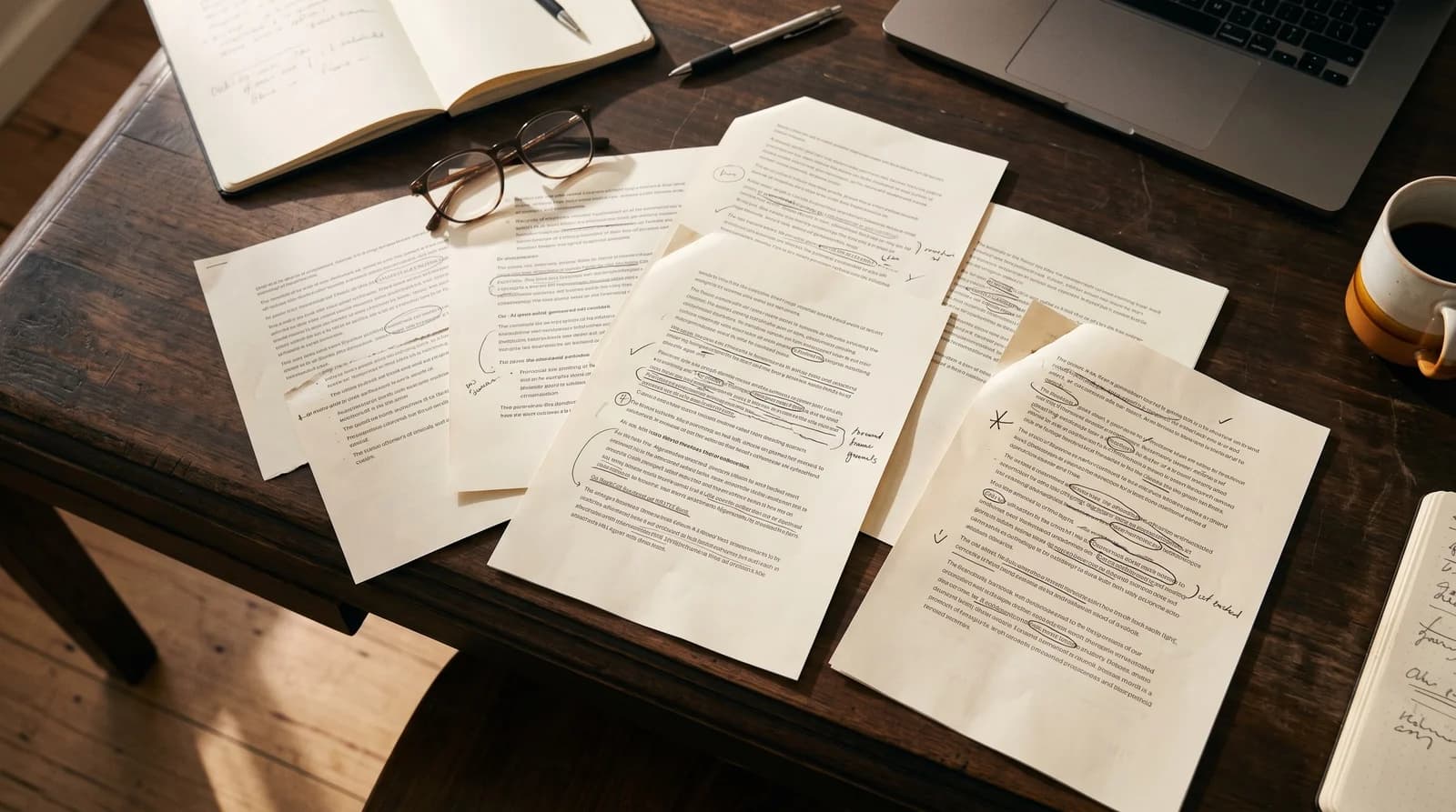 Printed drafts with handwritten corrections spread across a desk.
