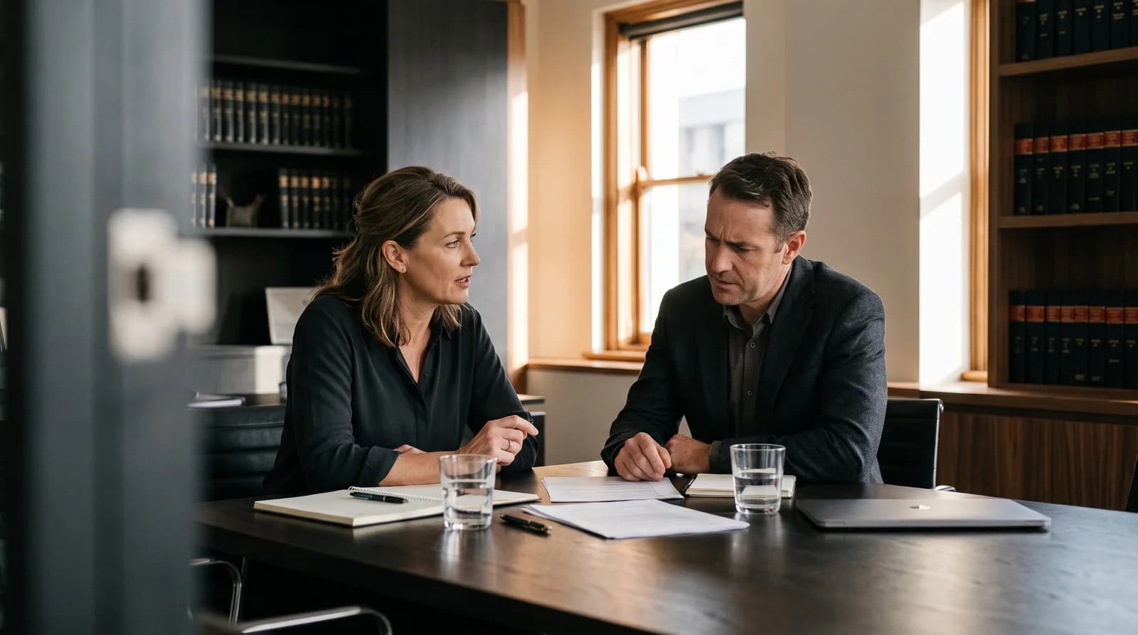 Two colleagues reviewing documents together at a meeting table.