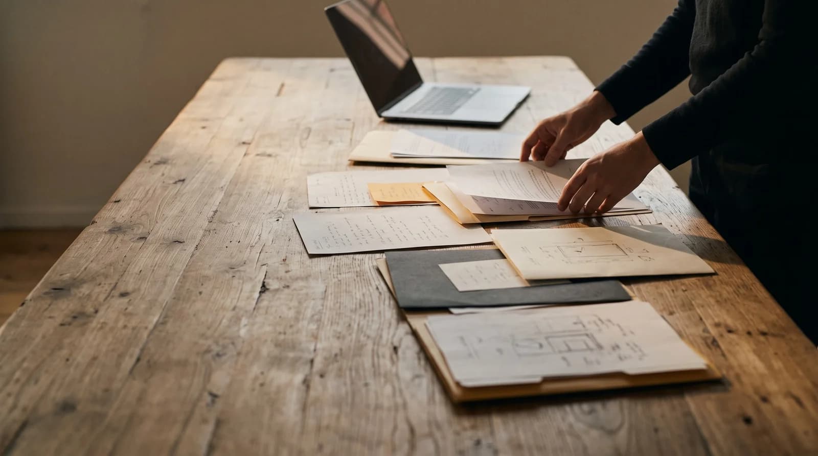 Hands organising documents and notes into stages across a table.