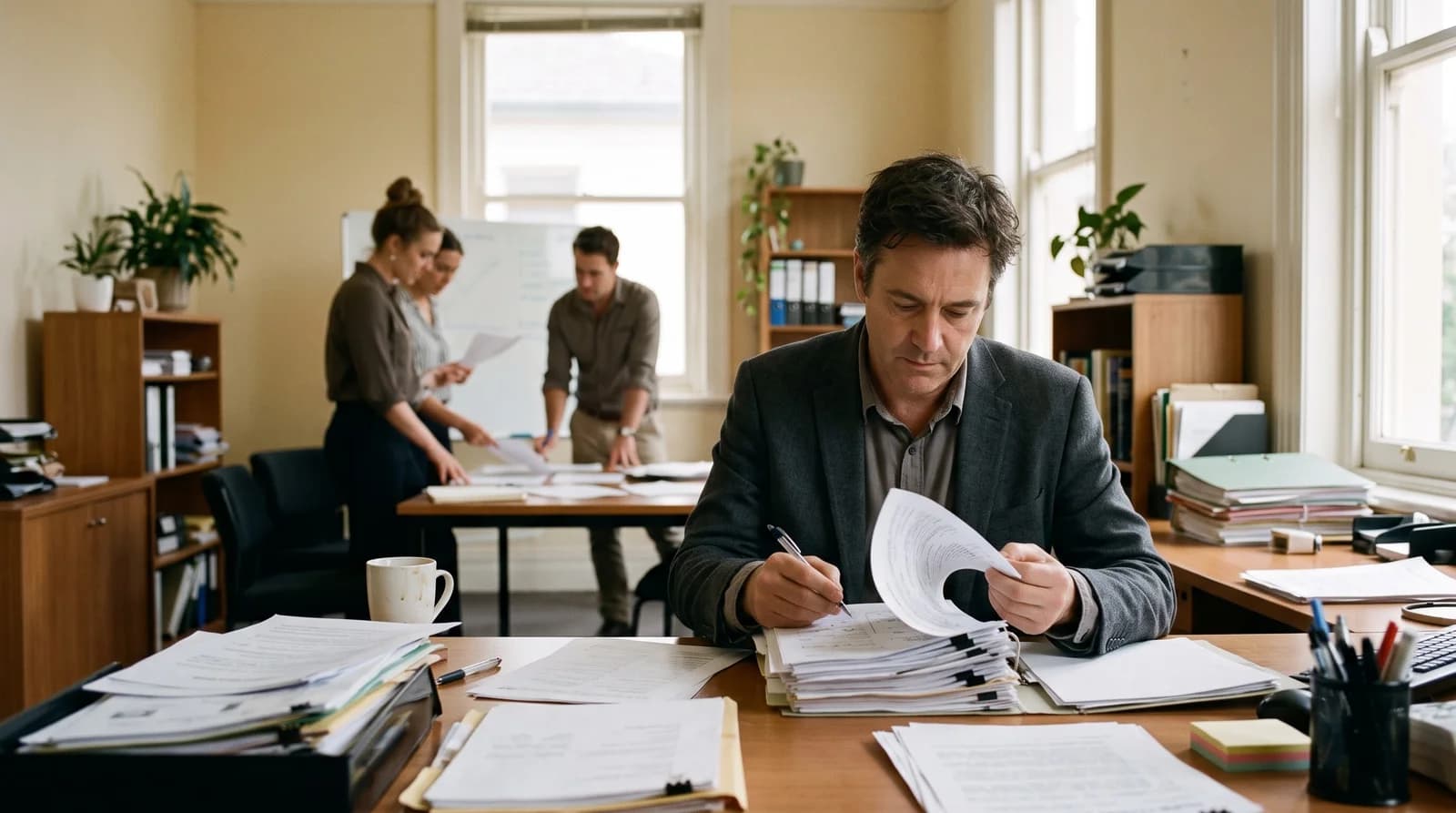A person checking a stack of documents while colleagues work in the background.