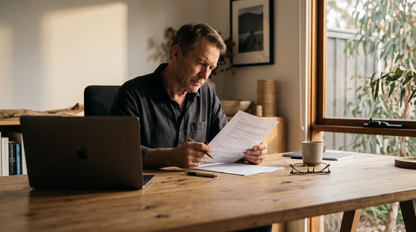 A person reviewing a printed document beside a laptop.